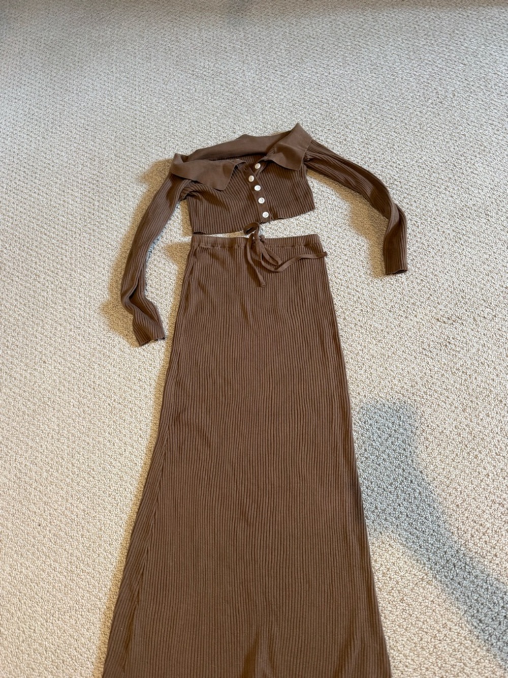 SABO SKIRT Brown Ribbed Two-Piece Dress Set - Long Skirt & Crop Top